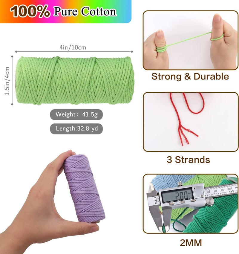 PHUNTTEK Macrame Cord 2mm x 590 Yards 18 Rolls Natural Cotton Cord 3 Stands Jute Twine String Soft Rope Assorted Colored Yarns for DIY Knitting Knotting Craft Macrame Project Supplies - Image 4